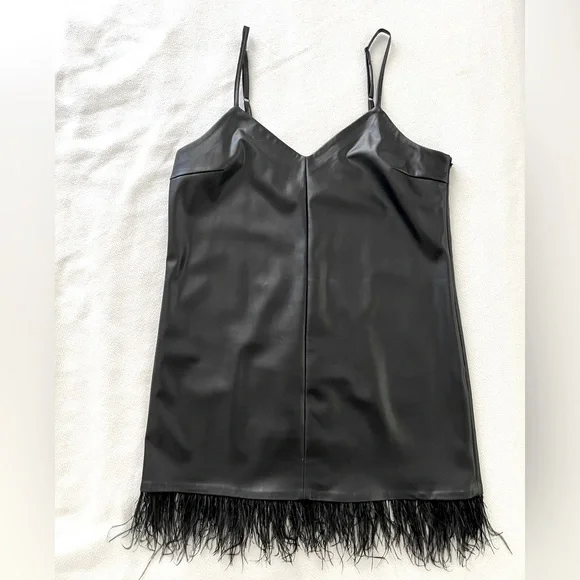 Aqua Women's Feather Trim Vegan Leather Slip Dress - 100% Exclusive - Black - Size Large